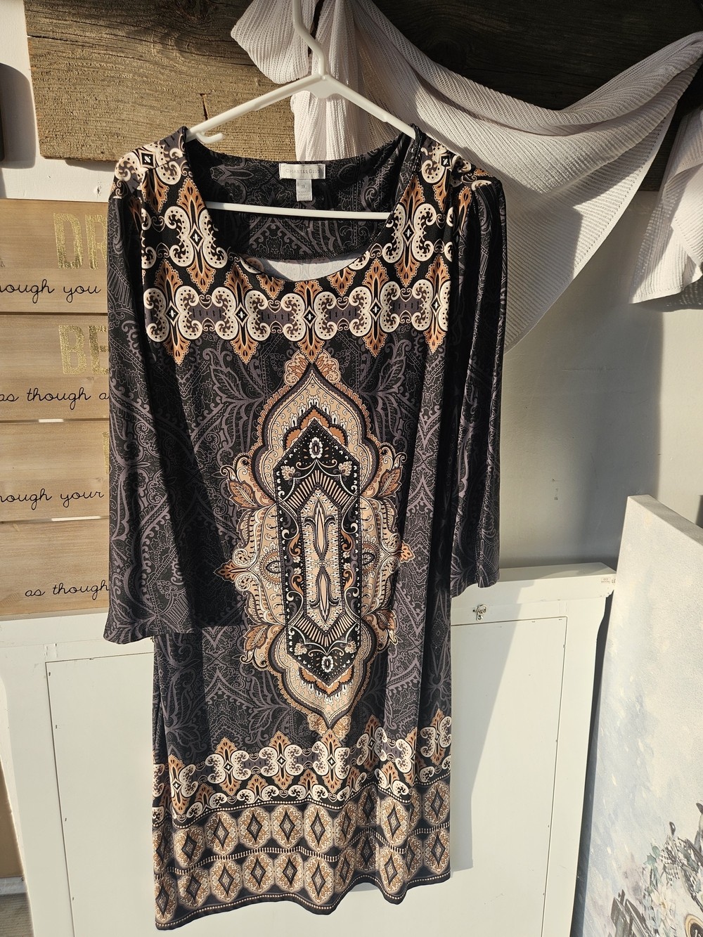 Chico's Black Dress with Tan and Cream Medallion Print